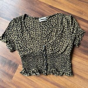 Urban Outfitters Animal Print Coquette Brown Black Rouged‎ Crop Top Short Sleeve